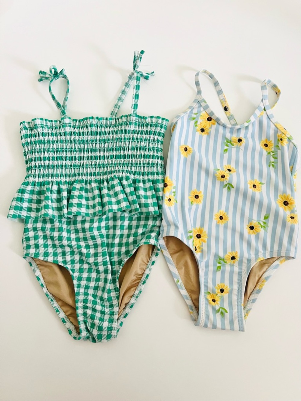 Old Navy Girls One-Piece Swimsuit bundle- Green Gingham & Blue Sunflower size 2T